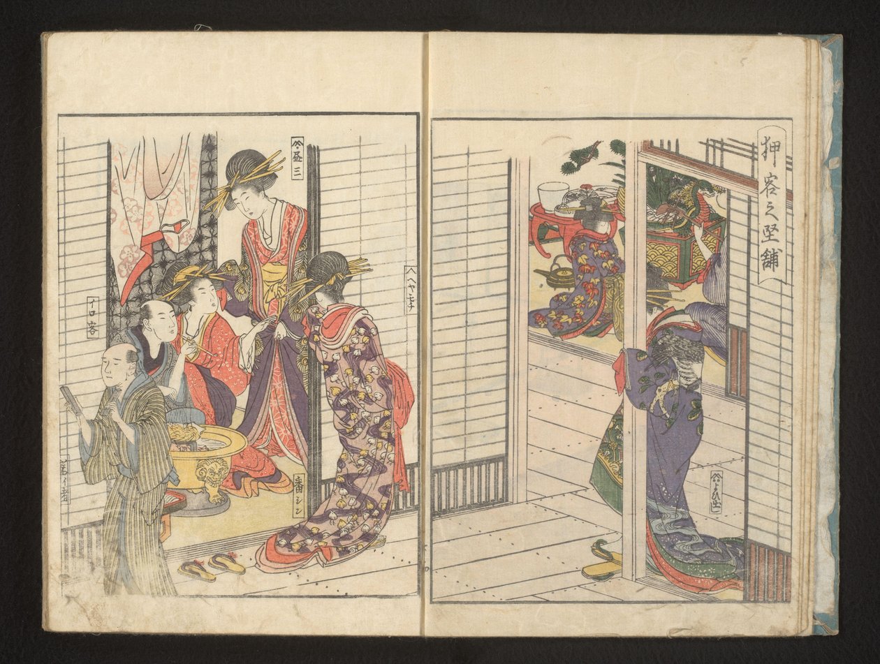 Kurtizány se dvěma mužskými hosty od Kitagawa Utamaro
