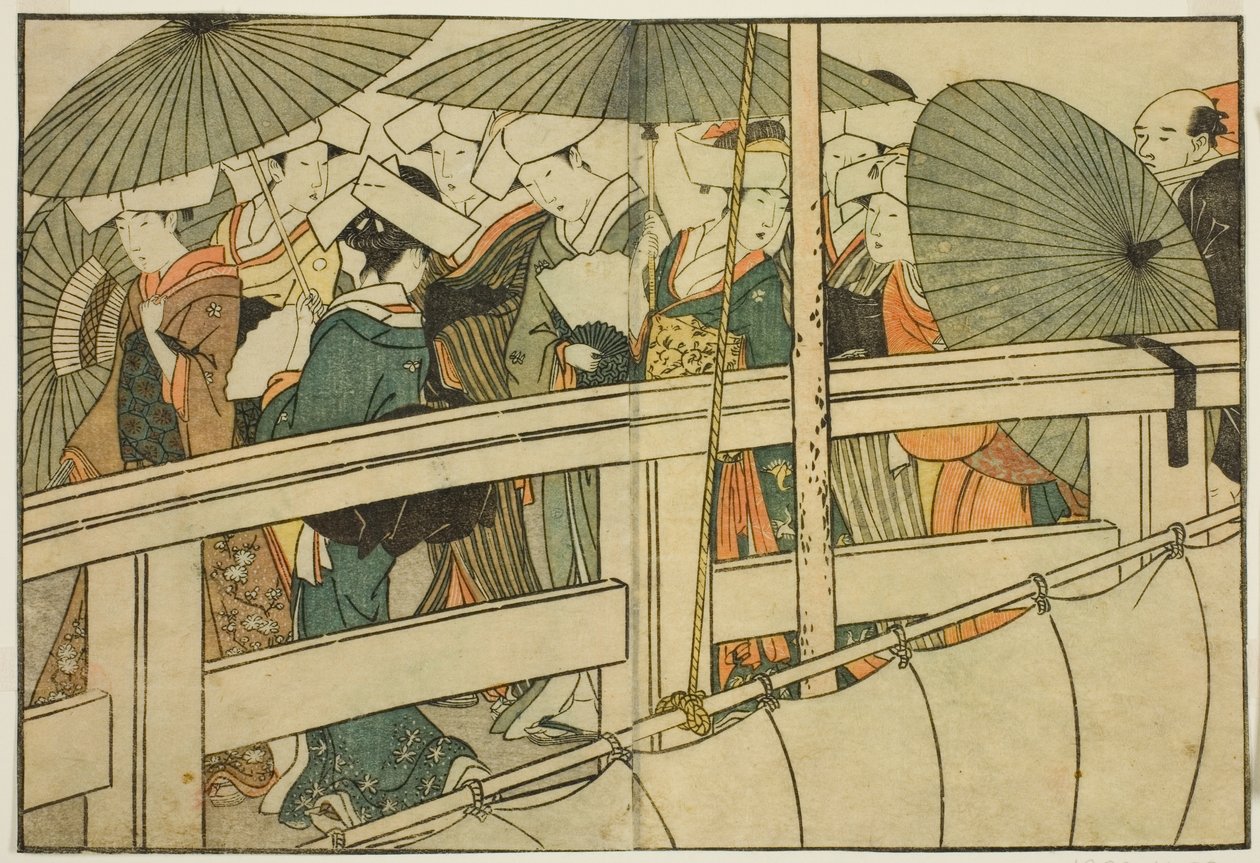 Přechod přes most v létě, z ilustrované knihy "Obrázková kniha: Květiny čtyř ročních období (Ehon shiki no hana)", sv. 1 od Kitagawa Utamaro