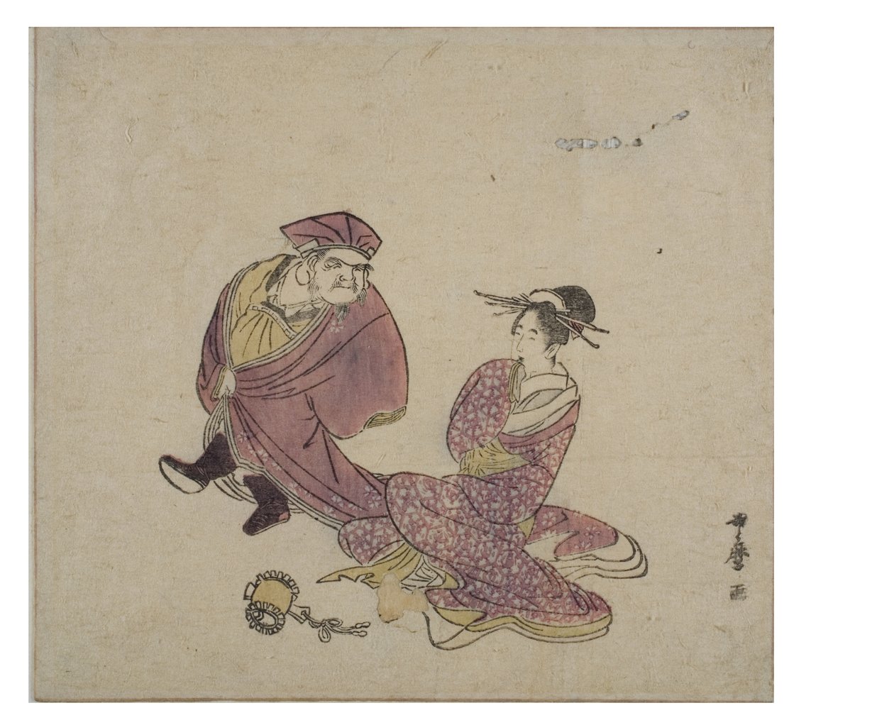 Daikoku (stojící) v rozhovoru se sedící dámou, kolem 1758-1806 (dřevotisk na papíře) od Kitagawa Utamaro