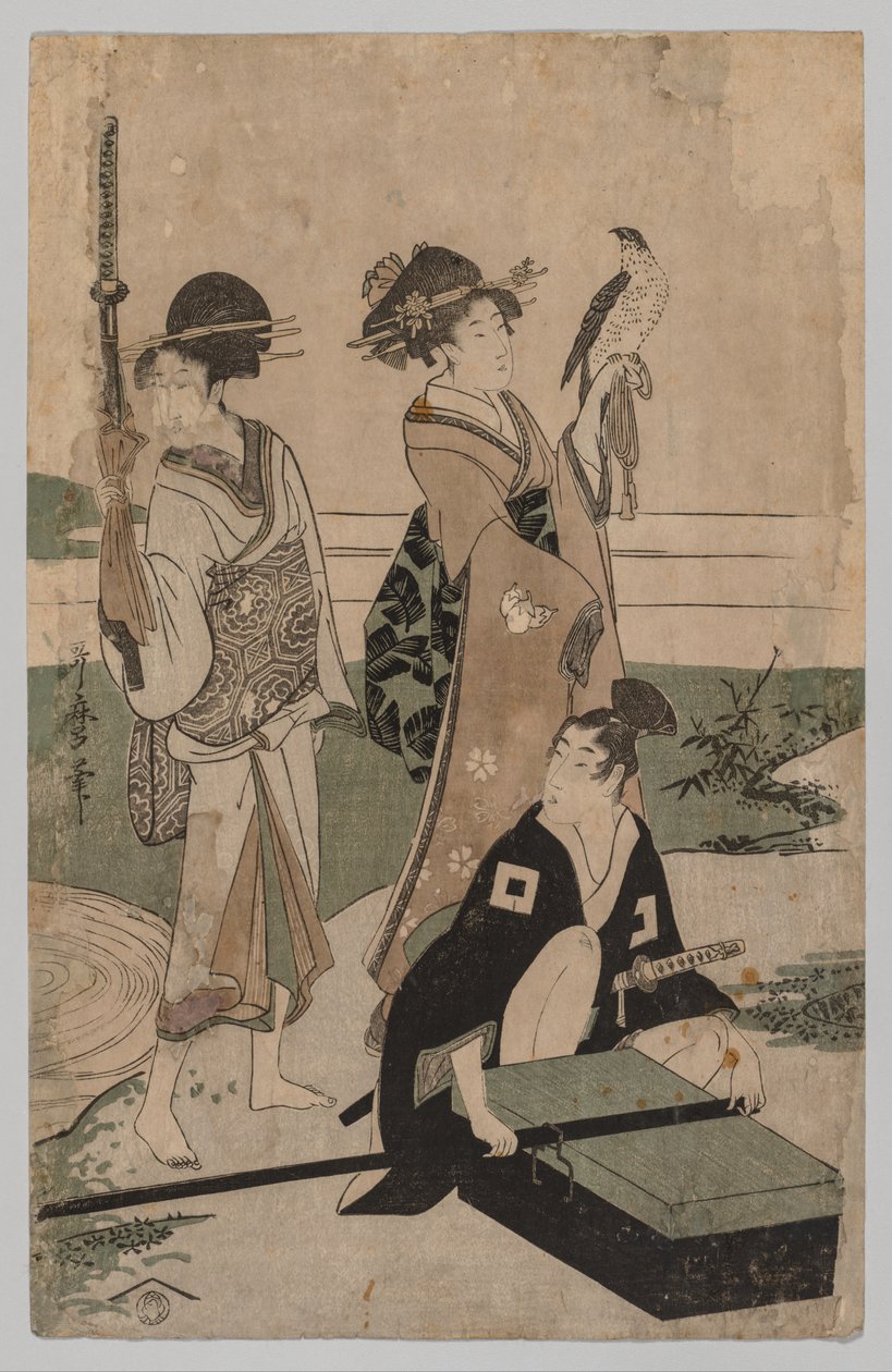 Daimyō a jeho družina překračující potok v rovině poblíž Fuji od Kitagawa Utamaro