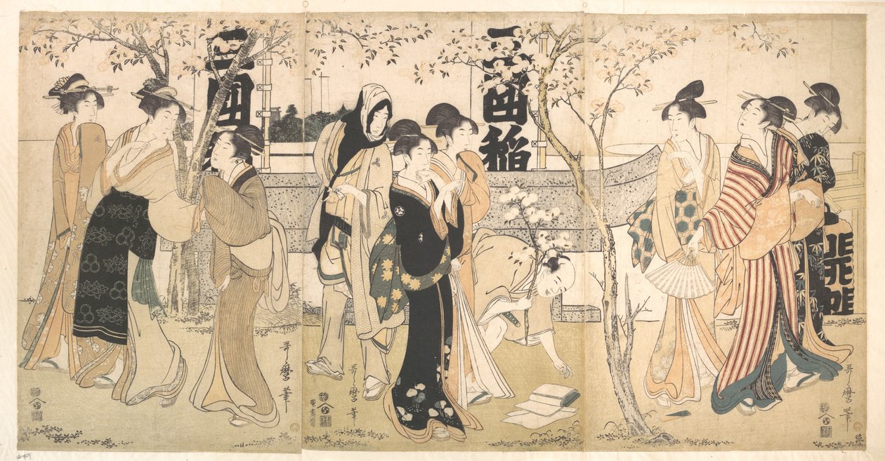 Vystavení pokladů ve svatyni Mimeguri (Mimeguri jinja no onkaichō) od Kitagawa Utamaro