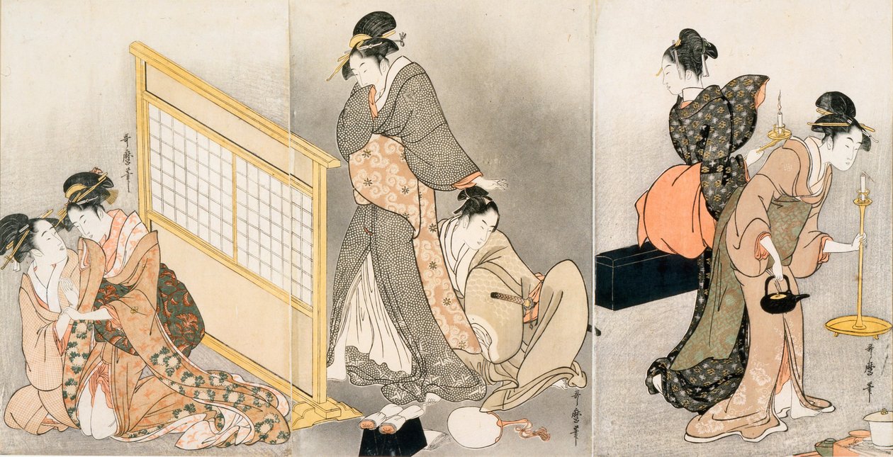 Dvojitý polštář. Triptych, asi 1794 od Kitagawa Utamaro