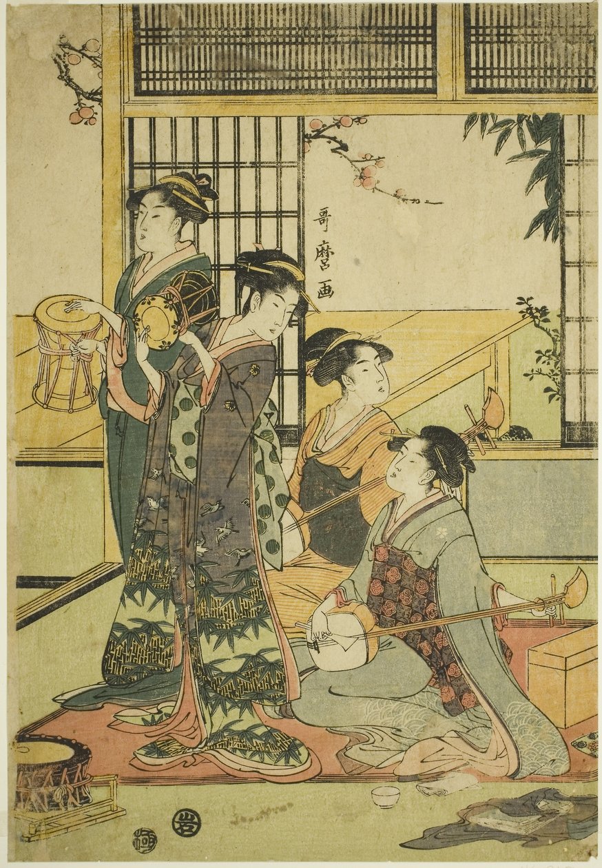 Drums and Shamisen (barevný dřevořez, aiban) od Kitagawa Utamaro