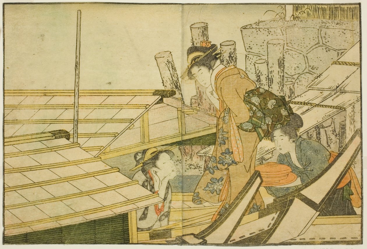 Nalodění na výletní čluny v létě, z ilustrované knihy "Obrázková kniha: Květiny čtyř ročních období (Ehon shiki no hana)," sv. 1 od Kitagawa Utamaro