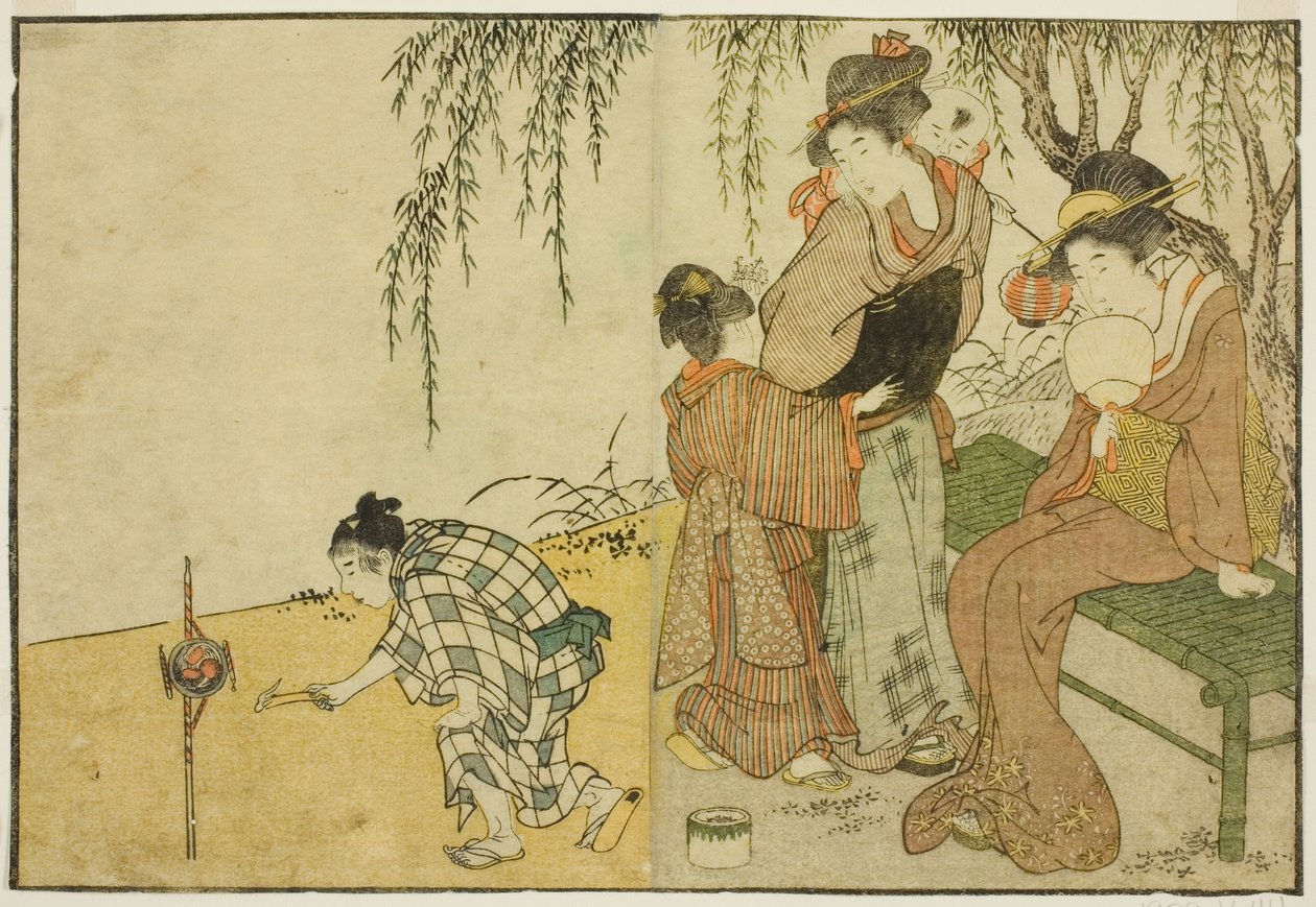 Enjoying Fireworks, z ilustrované knihy "Picture Book: Flowers of the Four Seasons (Ehon shiki no hana)," sv. 1 od Kitagawa Utamaro