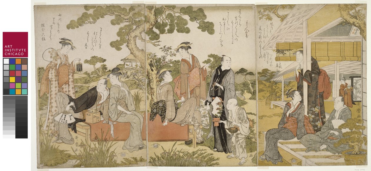 Enjoying the Cool in a Garden, Oban triptych, c.1788-90 od Kitagawa Utamaro