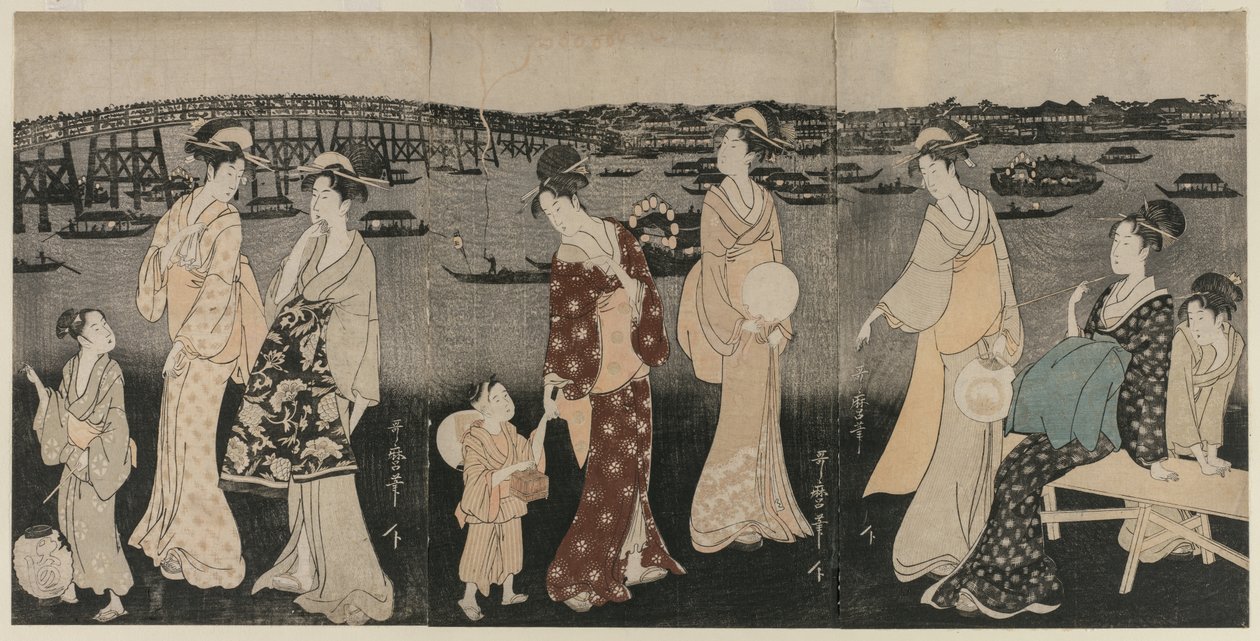Užijte si večerní pohodu podél řeky Sumida, c. 1797-98. od Kitagawa Utamaro