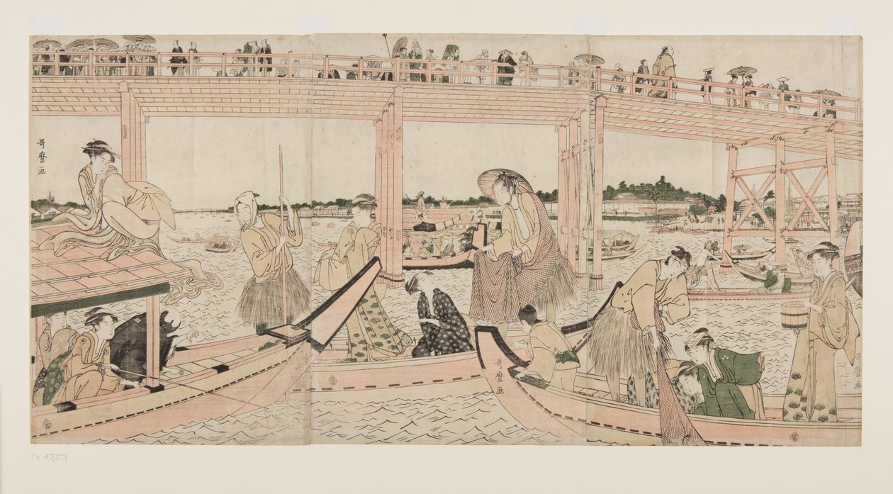 Rybářské lodě se sítěmi pod mostem Rygoku (barevný dřevořez) od Kitagawa Utamaro