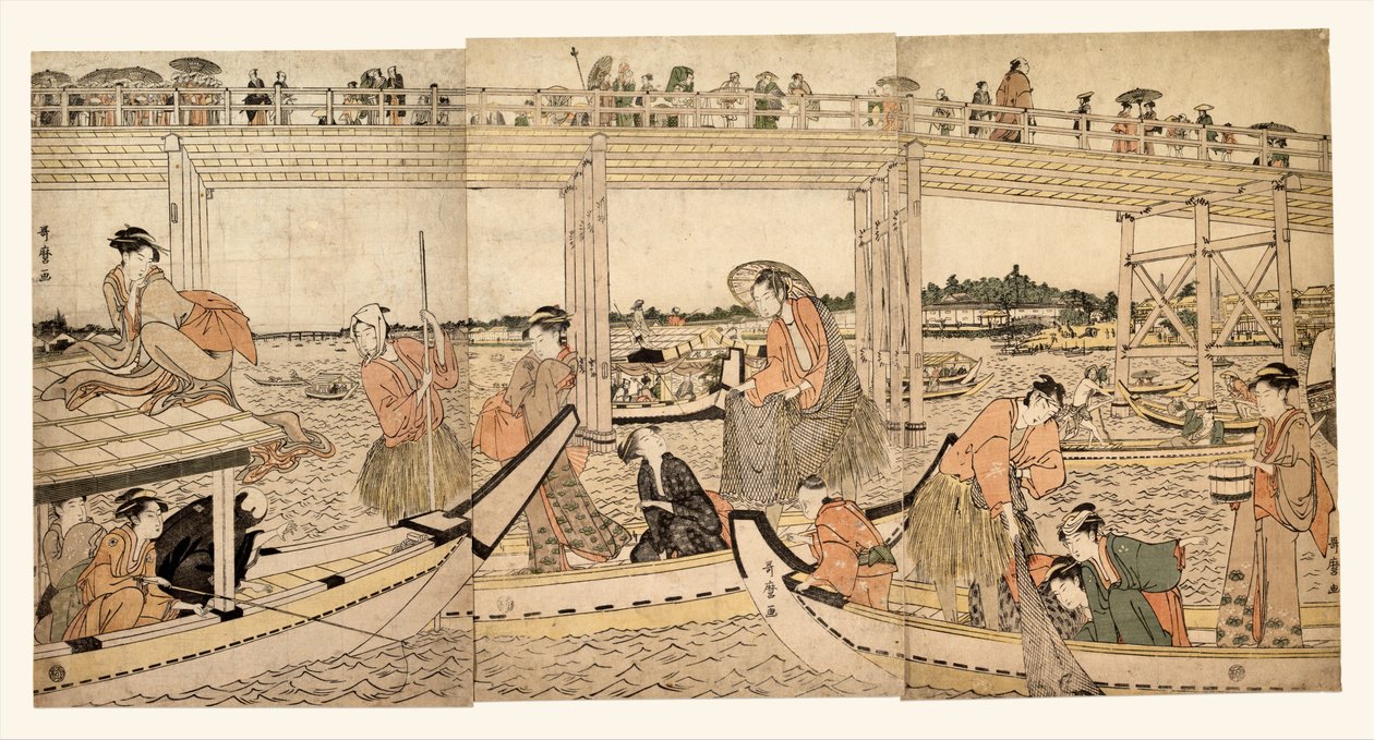 Rybářské lodě s sítěmi pod mostem Ryōgoku od Kitagawa Utamaro