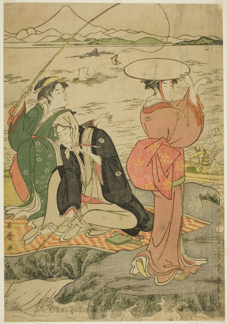 Rybaření na skalách a Enoshima od Kitagawa Utamaro