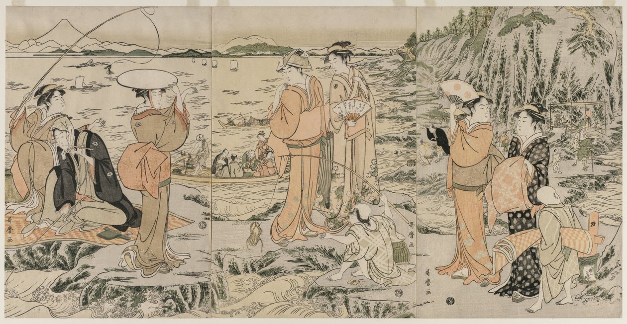 Rybaření na prkně Rock v Enoshima od Kitagawa Utamaro