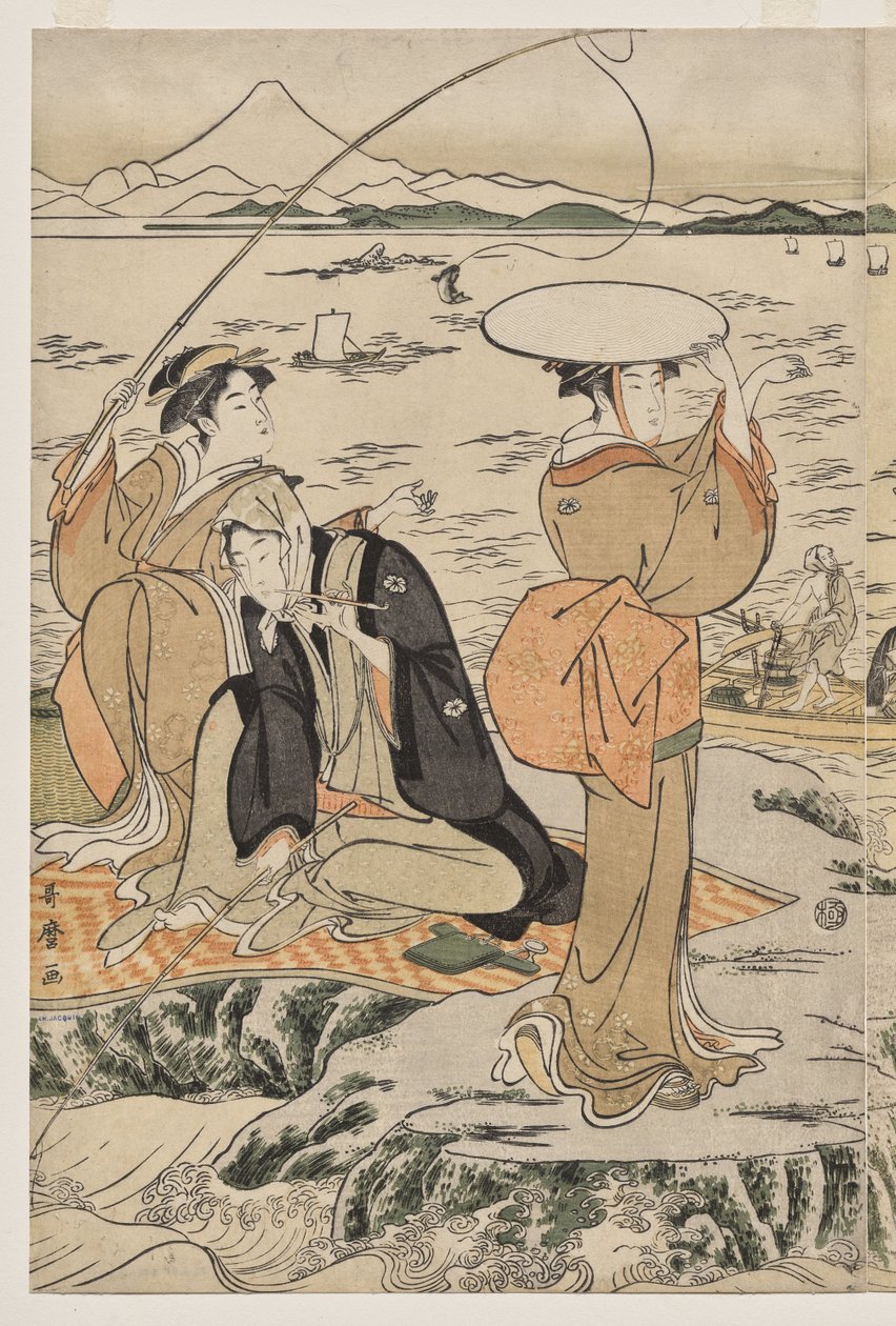 Rybaření na prkně Rock v Enoshima od Kitagawa Utamaro