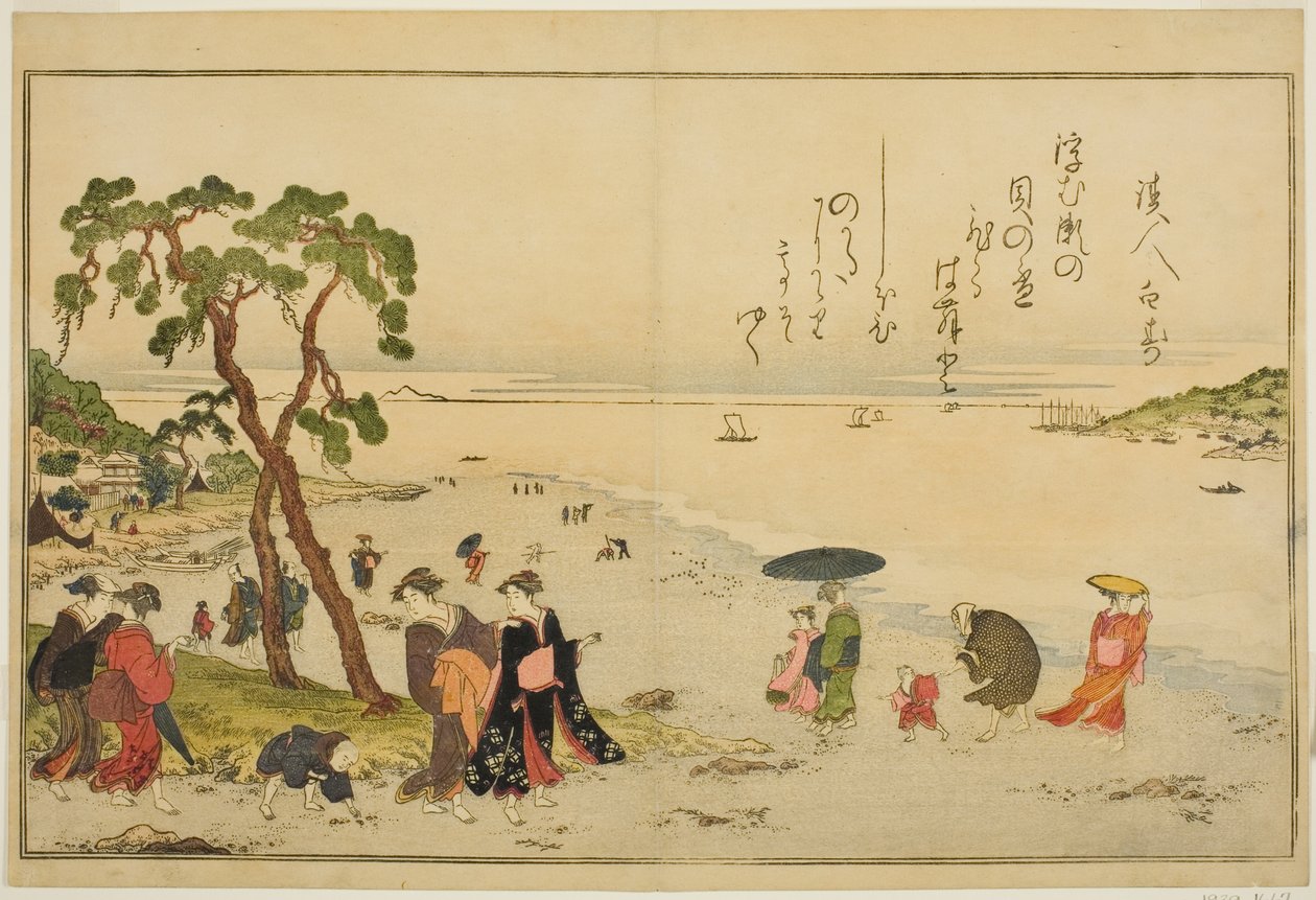 Shromažďování mušlí při odlivu, z ilustrované knihy „Dárky z odlivu (Shiohi no tsuto)“ od Kitagawa Utamaro