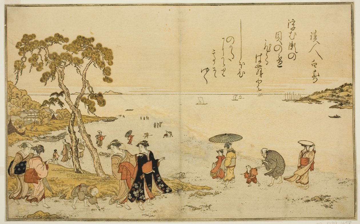 Shromažďování mušlí při odlivu, z ilustrované knihy „Dárky z odlivu (Shiohi no tsuto)“ od Kitagawa Utamaro
