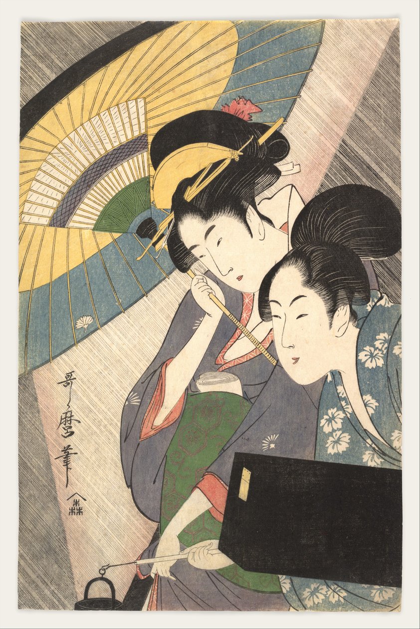Gejša a její společnice v deštivé noci od Kitagawa Utamaro