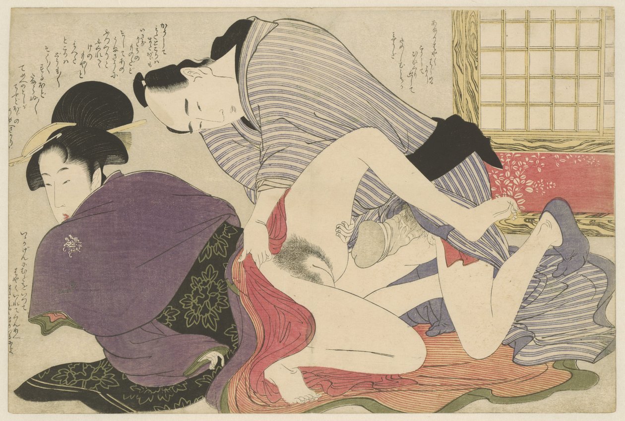Gejša a milenec u volně stojícího skládacího plátna Negai no itoguchi (název série) od Kitagawa Utamaro