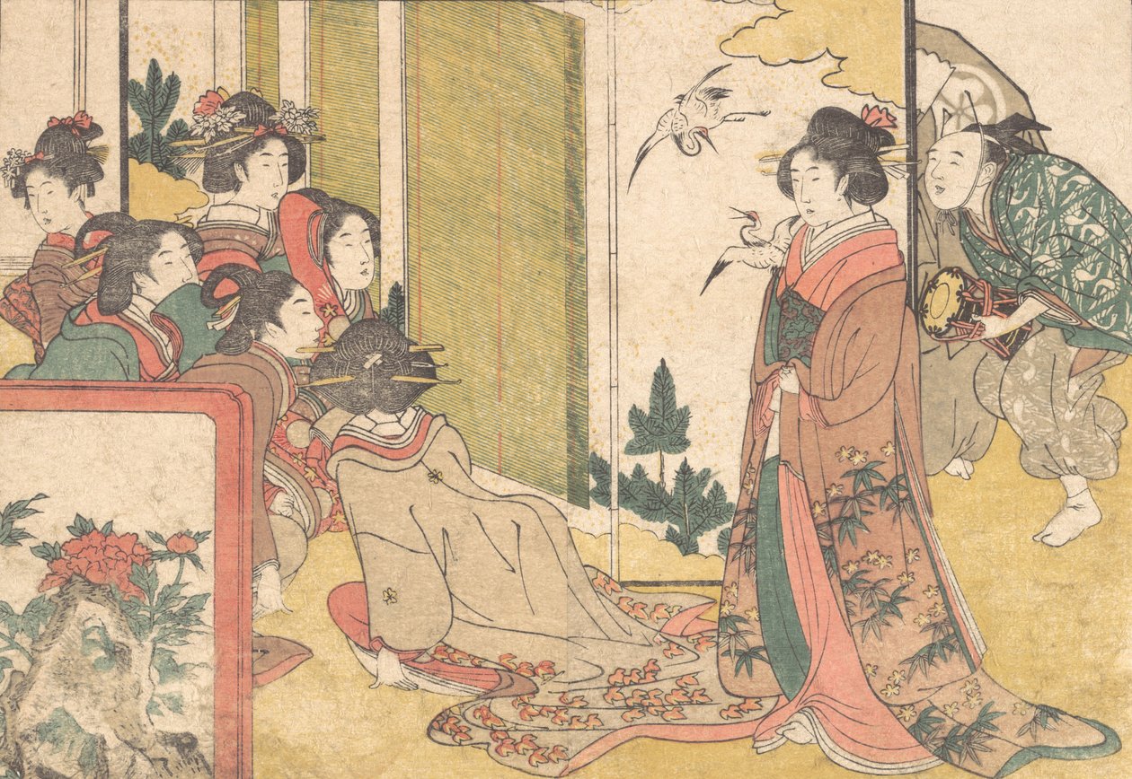 Girls Entertained by Performers, z ilustrované knihy Flowers of the Four Seasons, 1801. od Kitagawa Utamaro