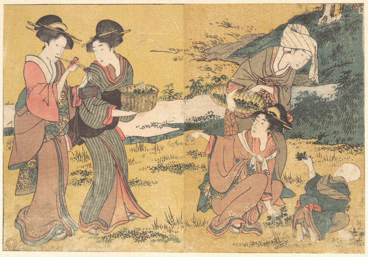 Dívky sbírající zelené listy, z ilustrované knihy „Květy čtyř ročních období“ od Kitagawa Utamaro