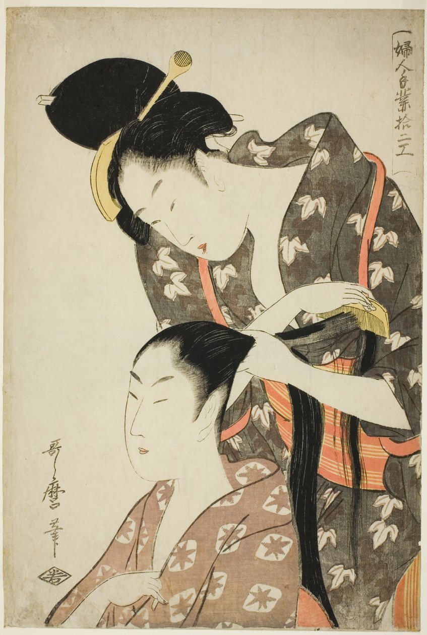 Kadeřník, ze série "Dvanáct druhů ženských řemesel (Fujin tewaza juni ko)" od Kitagawa Utamaro