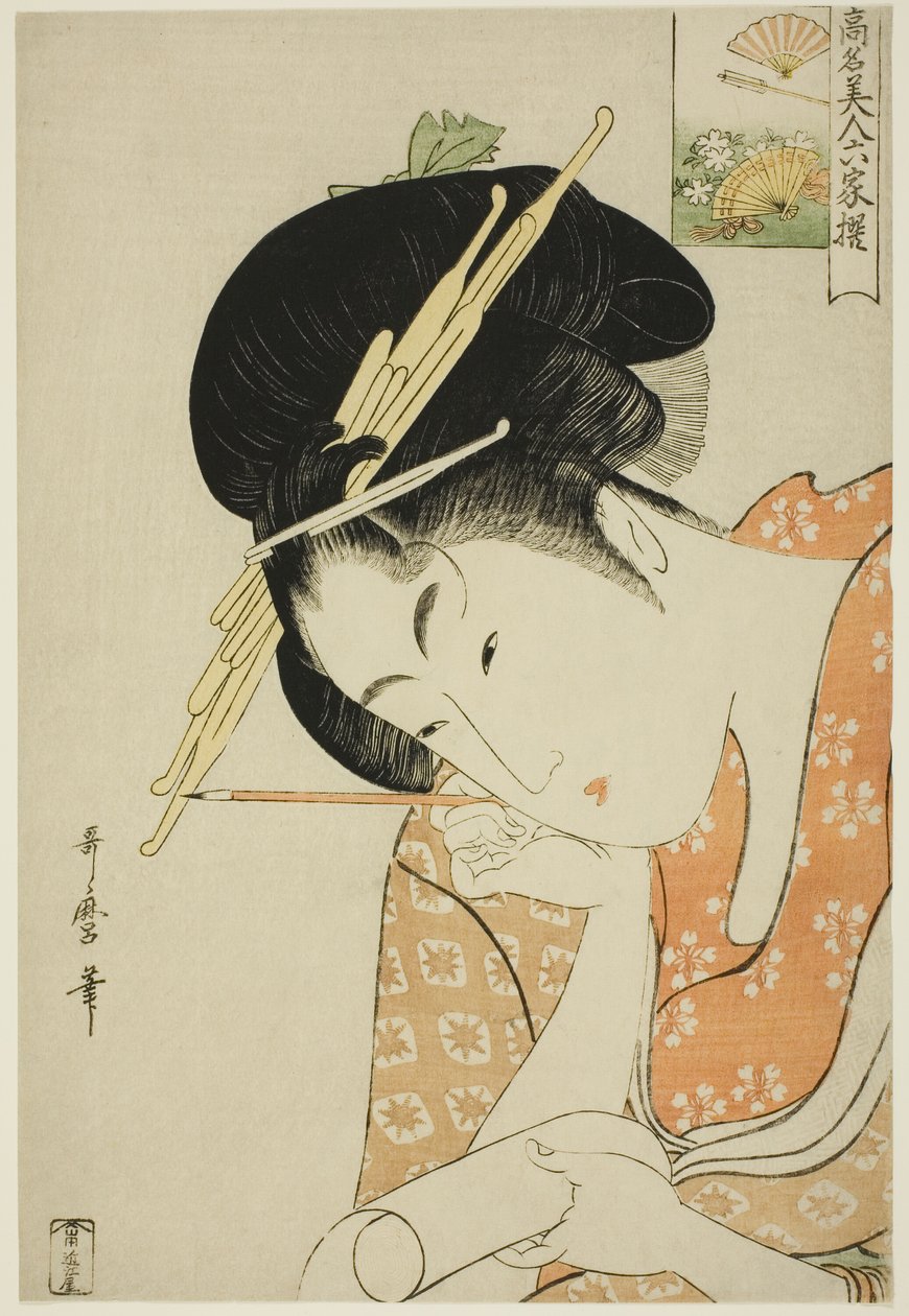 Hanaogi z Ogiya, ze série „Renomované krásy připodobněné k šesti nesmrtelným básníkům (Komei bijin rokkasen)“ od Kitagawa Utamaro