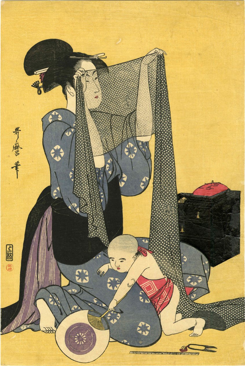Vyšívání Hari-shigoto. Triptych, levá část, 1795. od Kitagawa Utamaro