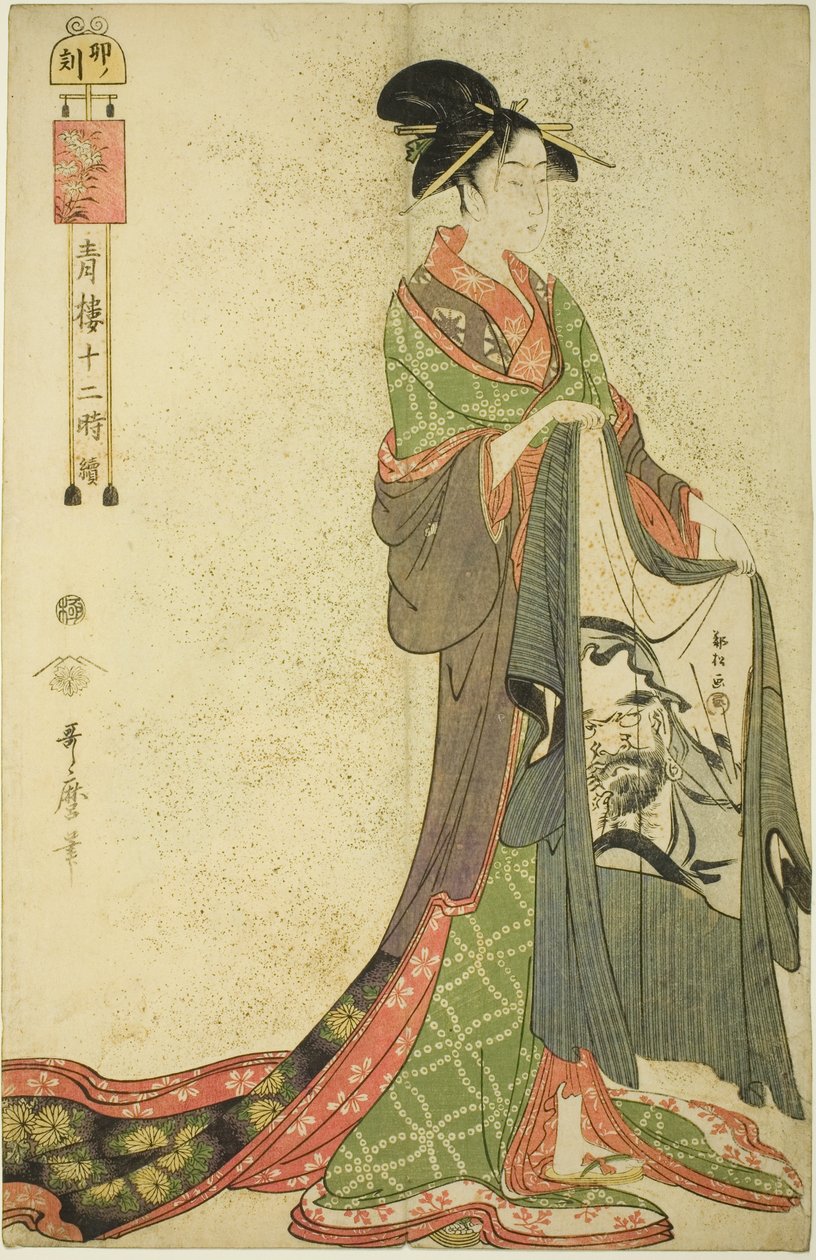 Hour of the Hare [6am] (U no koku), ze série „Dvanáct hodin v Yoshiwara“ („Seiro juni toki tsuzuki“) od Kitagawa Utamaro