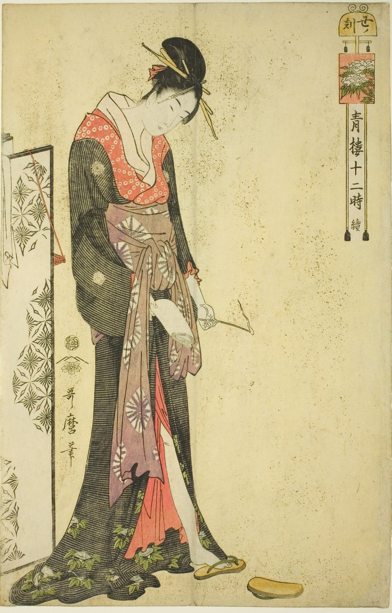 Hour of the Ox [2am] (Ushi no koku), ze série "Dvanáct hodin v Yoshiwara (Seiro juni toki tsuzuki)" od Kitagawa Utamaro
