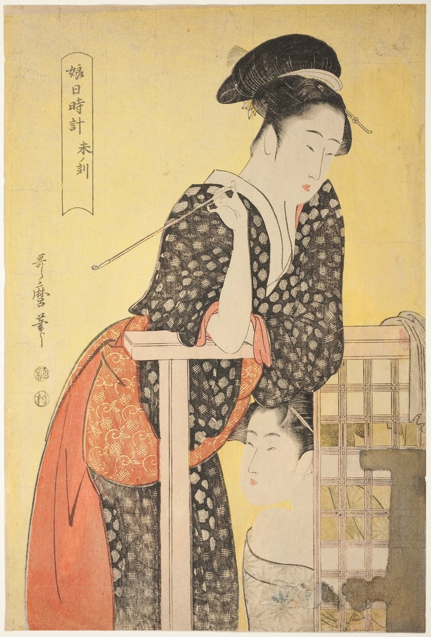 Hour of the Sheep [14:00] (hitsuji no koku), ze série „Sluneční hodiny mladých žen“ („Musume hi-dokei“) od Kitagawa Utamaro