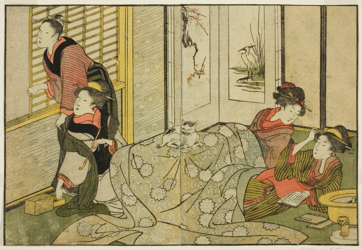 Interiérová scéna za zasněženého dne z ilustrované knihy "Obrázková kniha: Květiny čtyř ročních období (Ehon shiki no hana)", sv. 2 od Kitagawa Utamaro