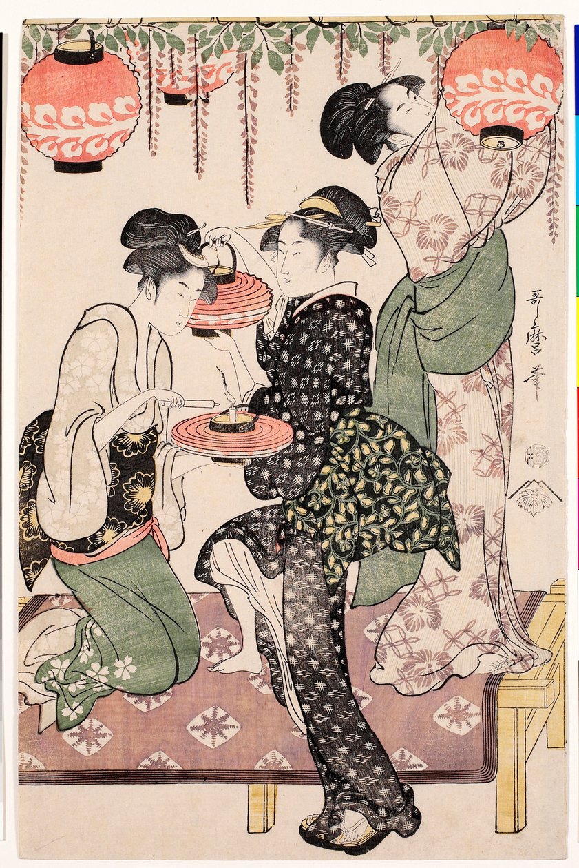 Mladé dívky z japonské čajovny visící lucerny z espalier z vistárie - Tisk Kitagawa Utamaro (1753-1806), kolem roku 1795, linoryt - Dívky z čajovny pod vistáriovým espalierem - Barevný linoryt Kitagawa Utamaro (1753-1806) od Kitagawa Utamaro