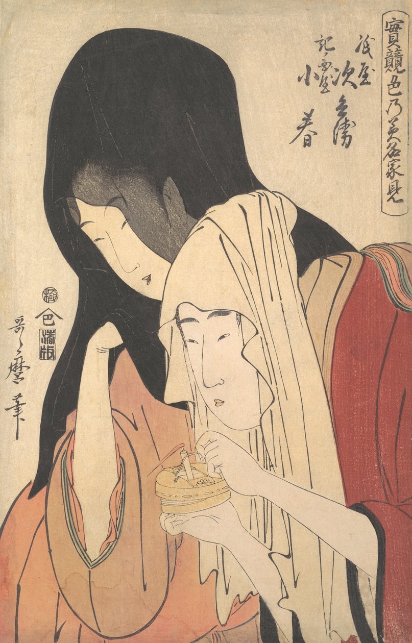 Autista vlasů a eh pin g s gejšou Koharu z Kinokuniya. .. .. , komár. 1798-99. od Kitagawa Utamaro