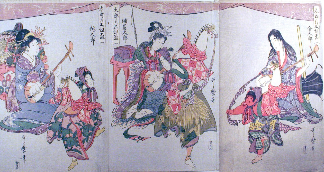 Kintaro, Urašimataro a Momotaro, z triptychu "Soubor tří pohárů na saké pro první měsíc (Tarozuki mitsugumi sakazuki)". od Kitagawa Utamaro