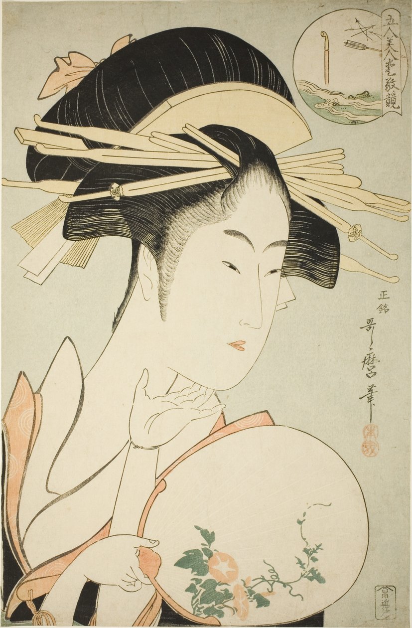 Kisegawa z Matsubaya, ze série „Porovnání půvabů pěti krásek (Gonin bijin aikyo kurabe)“ od Kitagawa Utamaro