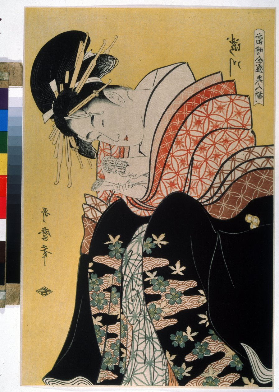 Krásná Takigawa z čajovny Ogi. V seriálu The Contemporary Beautiful Celebrities (slavná kráska našich dnů). Kresba Kitagawa Utamaro (1754-1806). Silná voda od Kitagawa Utamaro