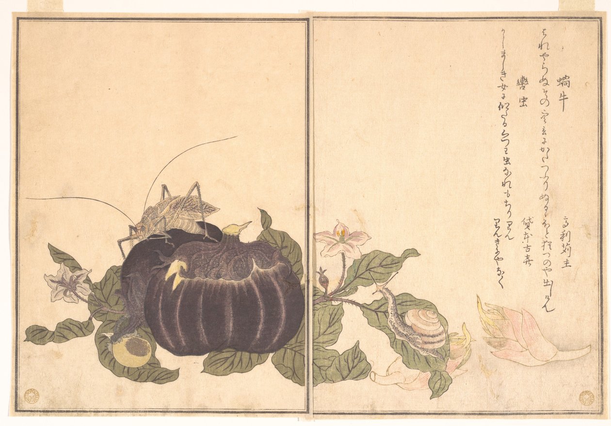 Suchozemský plž (Katatsumuri); obří kobylka (Kutsuwamushi), z obrázkové knihy plazivých tvorů (Ehon mushi erami) od Kitagawa Utamaro