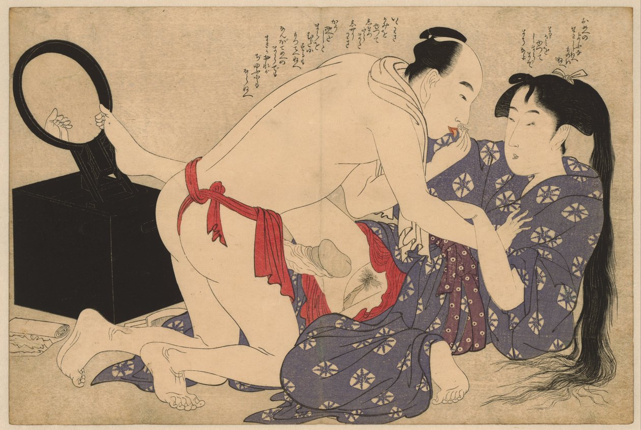 Milostný pár před zrcadlem Negai no itoguchi (název série) od Kitagawa Utamaro