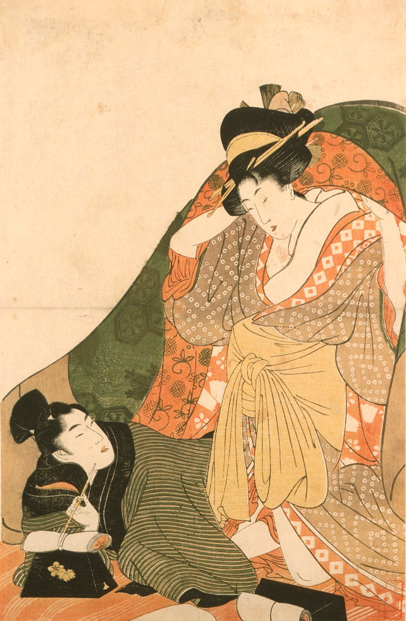 Milenci pod futonem; úvodní obraz k erotickému souboru od Kitagawa Utamaro