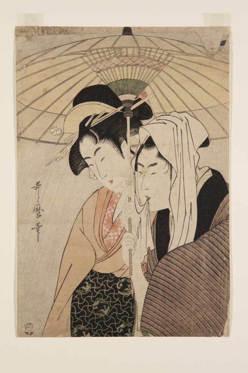 Muž a žena pod deštníkem (barevný dřevořez) od Kitagawa Utamaro