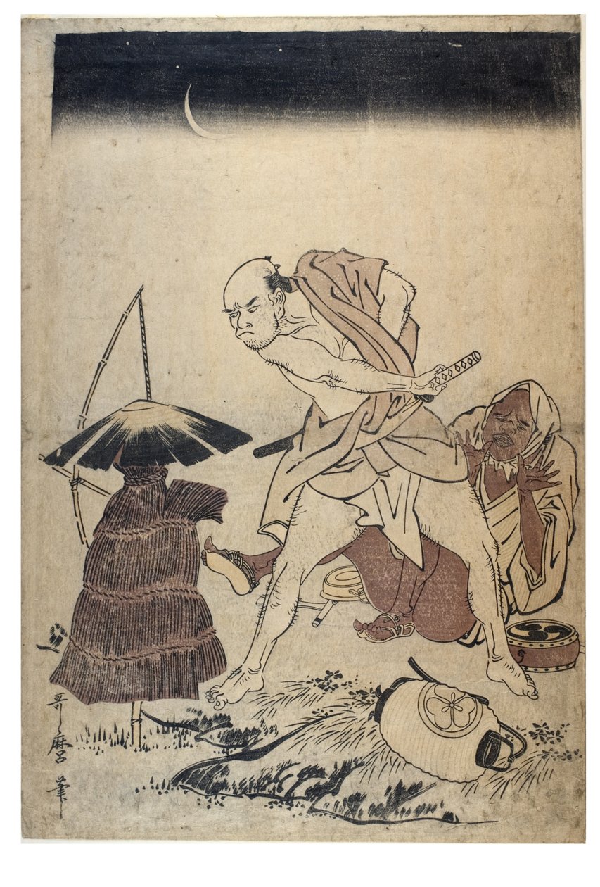 Muž ohrožuje strašáka za temné noci, kolem 1758-1806 (dřevěný tisk bez papíru) od Kitagawa Utamaro