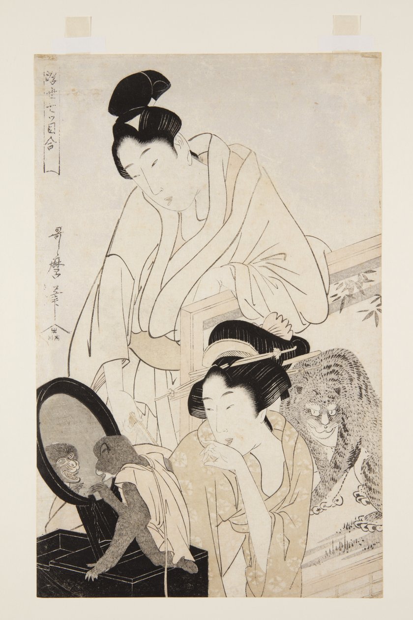 Opice a tygr (barevný dřevotisk) od Kitagawa Utamaro