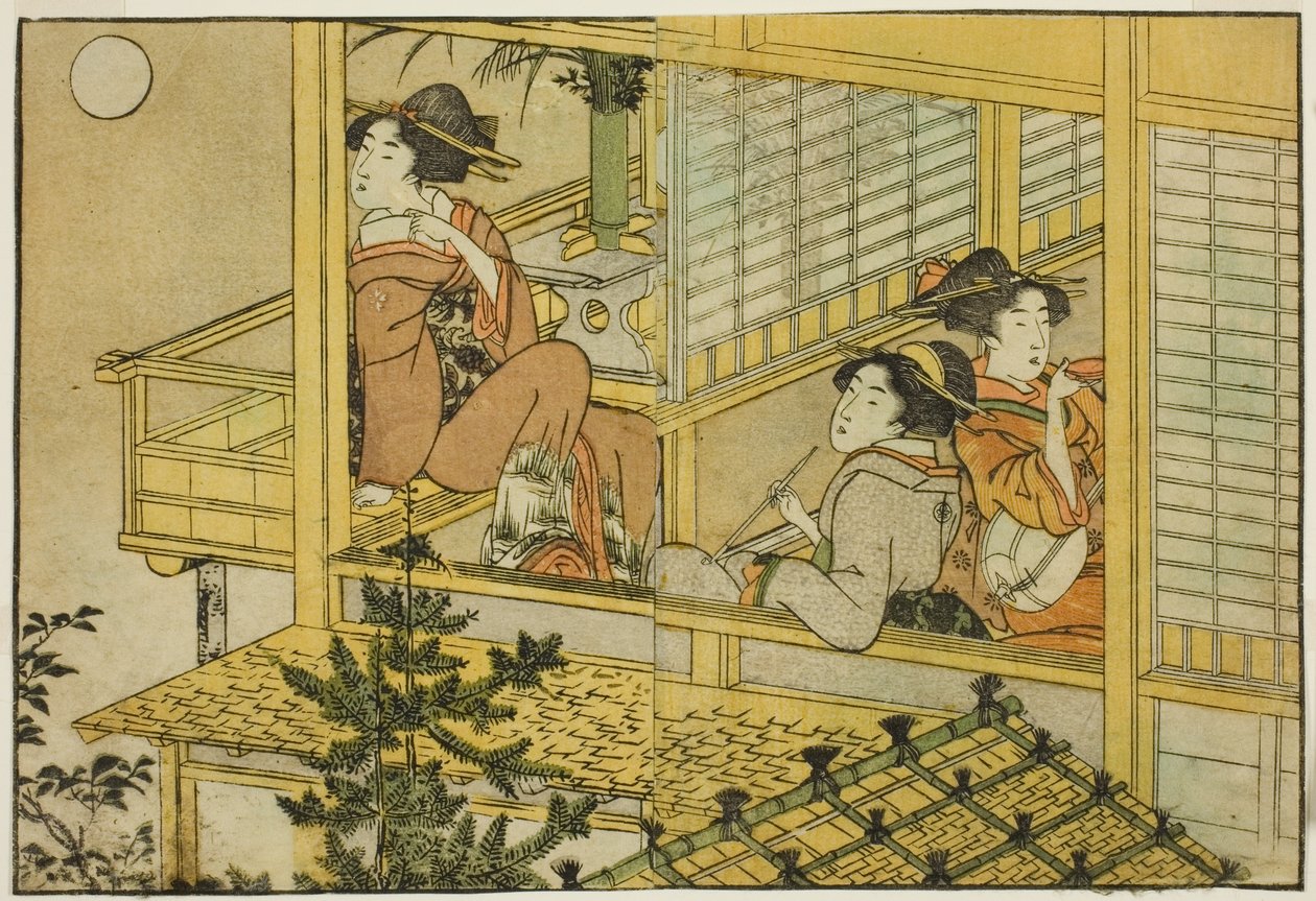 Moon-Viewing Party, z ilustrované knihy "Picture Book: Flowers of the Four Seasons (Ehon shiki no hana)," sv. 2 od Kitagawa Utamaro