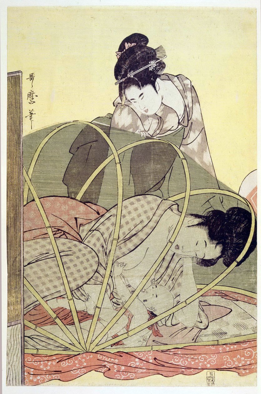 Matka kojící dítě pod moskytiérou par Utamaro, Kitagawa (1753-1806), c. 1795 - Barevný dřevoryt, 37,6x24,6 - Soukromá sbírka od Kitagawa Utamaro