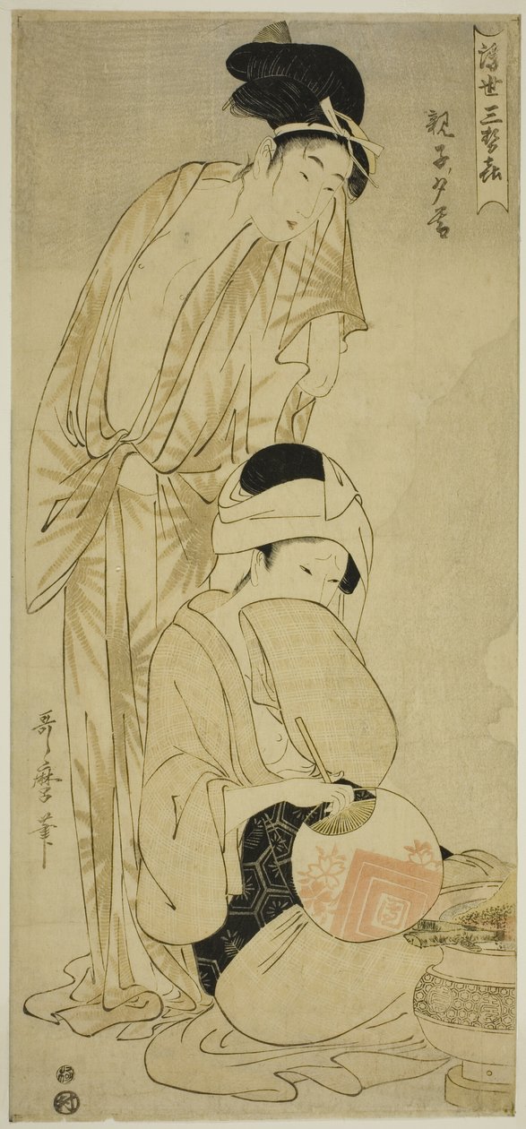 Matka a dítě za soumraku (Oyako yugure), ze seriálu „Tři večerní potěšení z plovoucího světa (Ukiyo san seki)“ od Kitagawa Utamaro