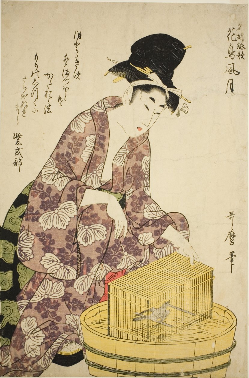 Murasaki Shikibu: Bird, ze série „Slavné ženy a jejich básně o květinách, ptácích, větru a měsíci (Meifu eika kacho fugetsu)“ od Kitagawa Utamaro
