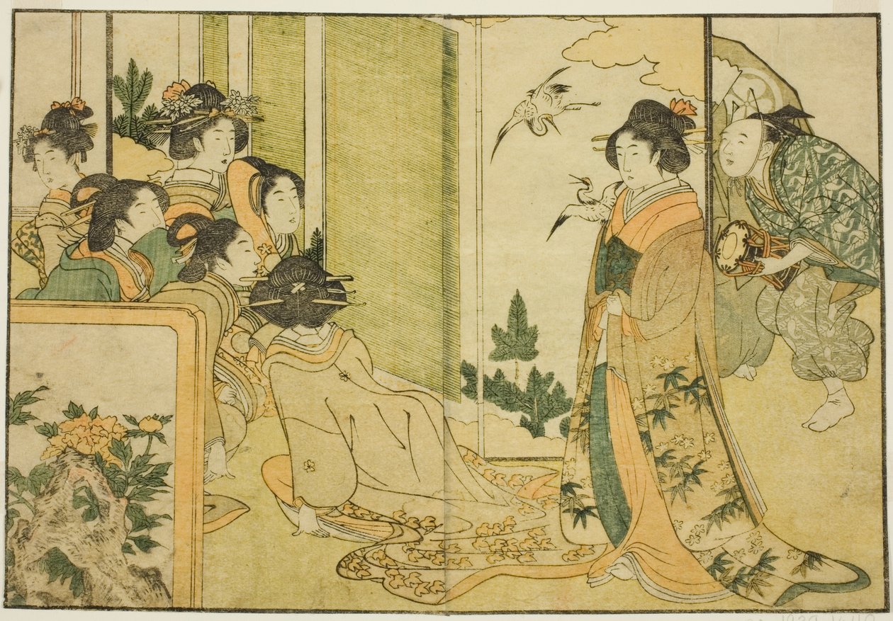 Novoroční představení Manzai v sídle feudálního pána z ilustrované knihy "Picture Book: Květiny čtyř ročních období (Ehon shiki no hana)", svazek 1. od Kitagawa Utamaro