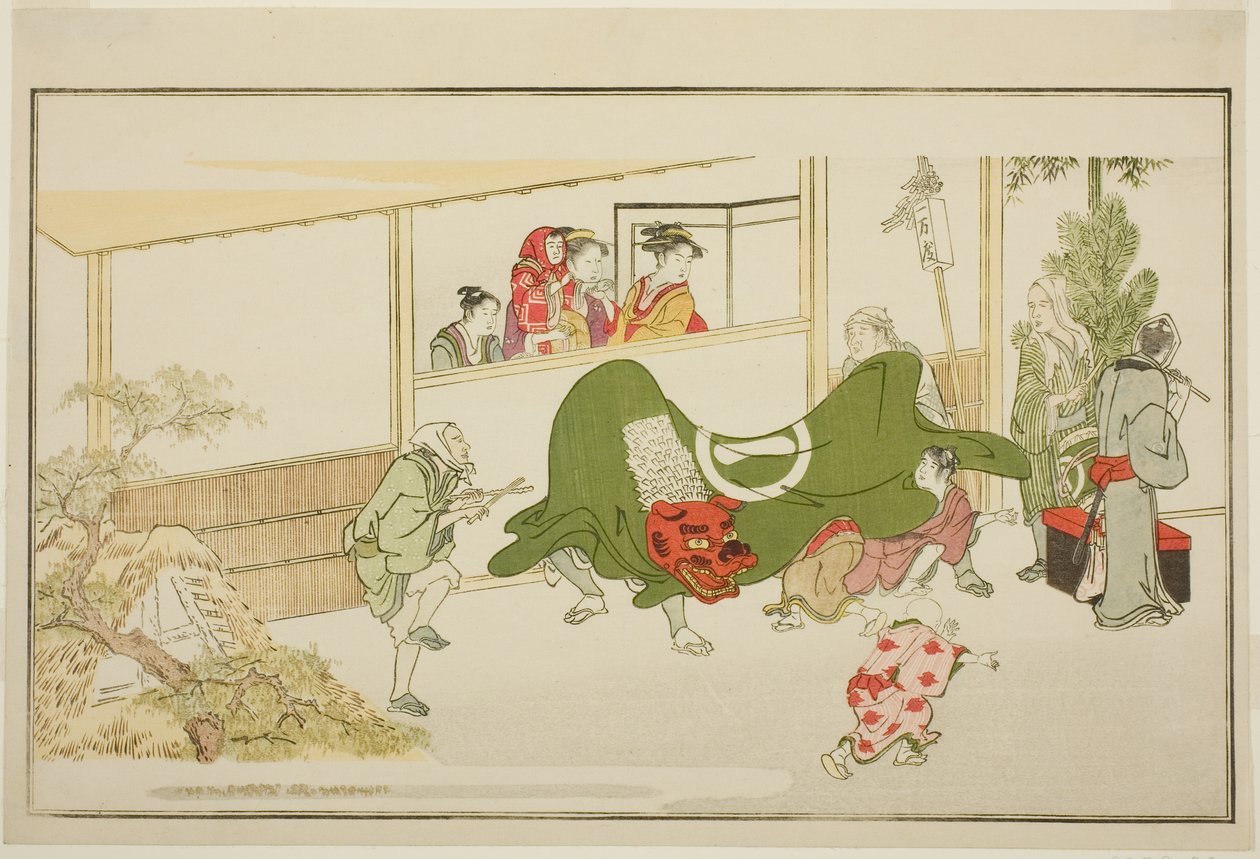 Novoroční pouliční umělci z ilustrované antologie kyoky „The Young God Ebisu (Waka Ebisu)“ od Kitagawa Utamaro