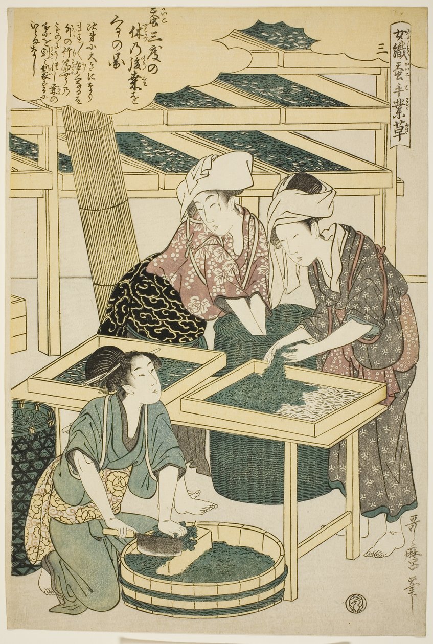 č. 3 (san), ze série "Ženy angažované v serikultuře (Joshoku kaiko tewaza-gusa)" od Kitagawa Utamaro