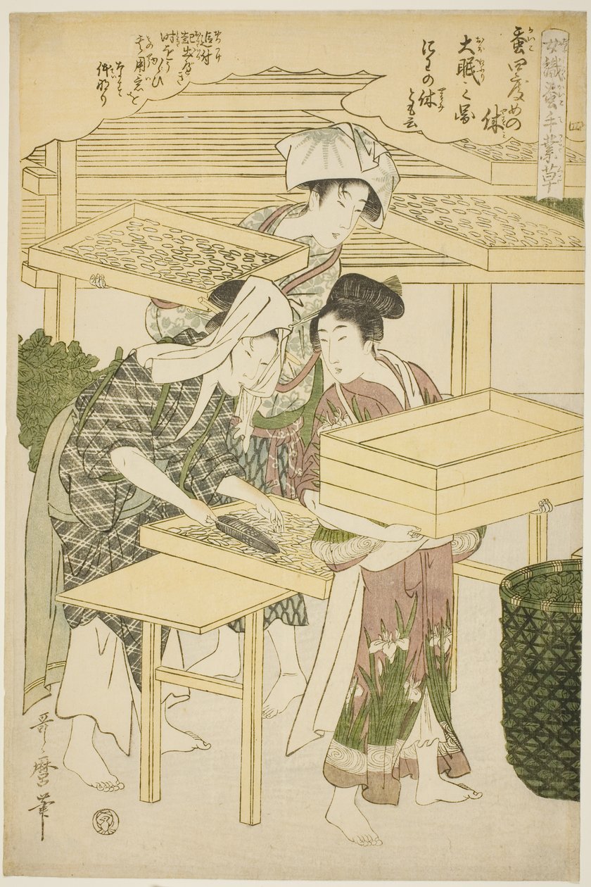 č. 4 (shi), ze série "Ženy angažované v serikultuře (Joshoku kaiko tewaza-gusa)" od Kitagawa Utamaro