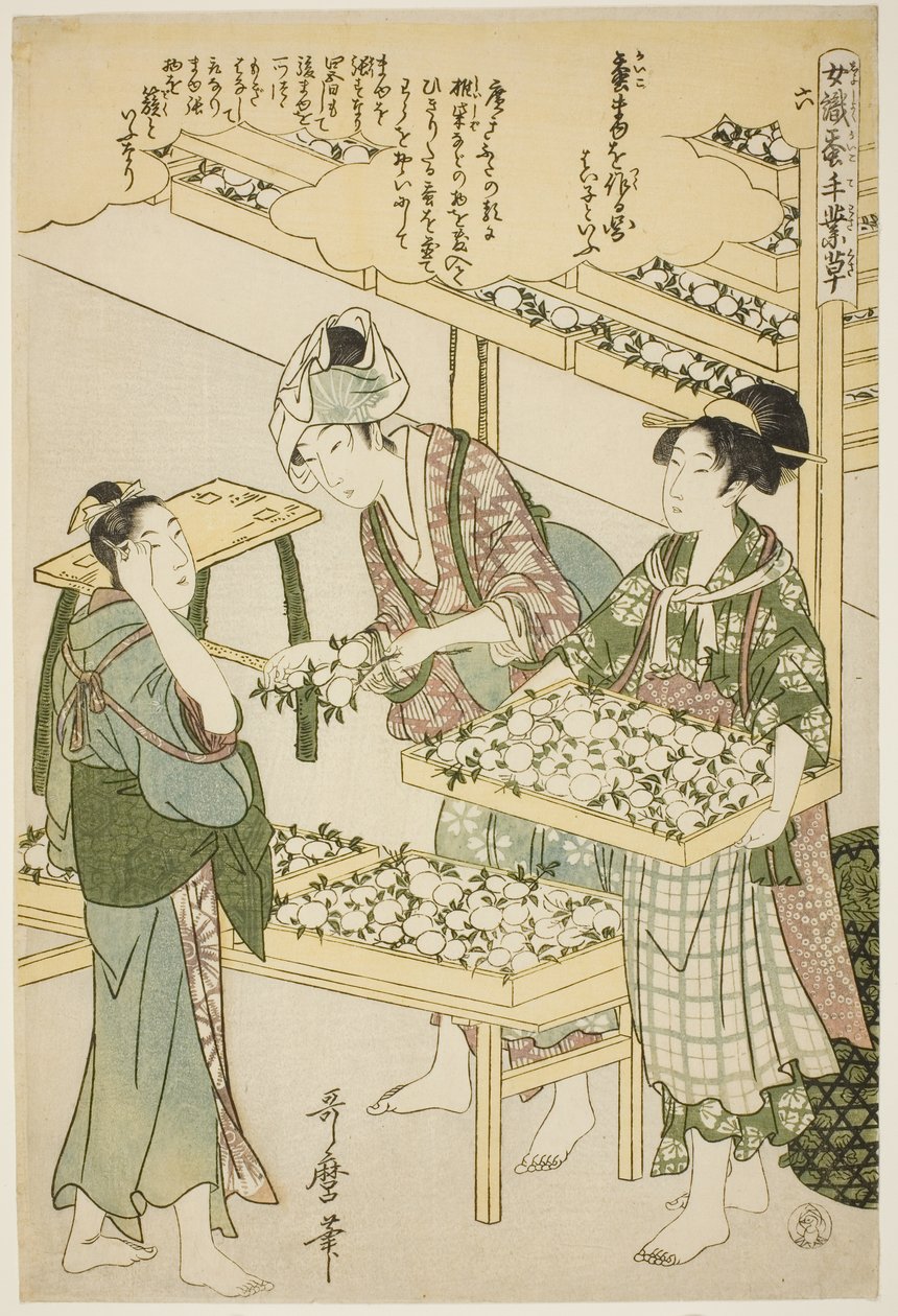 č. 6 (roku), ze série "Ženy angažované v serikultuře (Joshoku kaiko tewaza-gusa)" od Kitagawa Utamaro