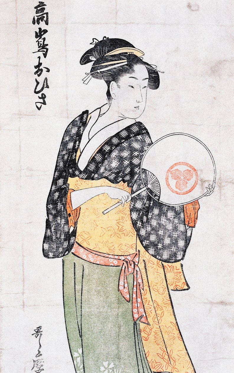 Ohisa z čajovny Takashima, žena v kimonu s vějířem, umělecký tisk ukiyo-e od Kitagawa Utamaro (1753-1806), dřevoryt, japonská civilizace, období Edo od Kitagawa Utamaro